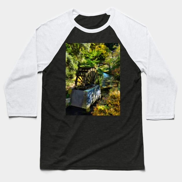 The Replica Waterwheel On Mill Island Baseball T-Shirt by PictureNZ